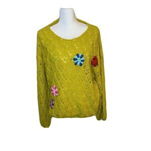 V Christina Womens Sweater XL Crochet Granny Cottage Core Dijon Yellow Floral